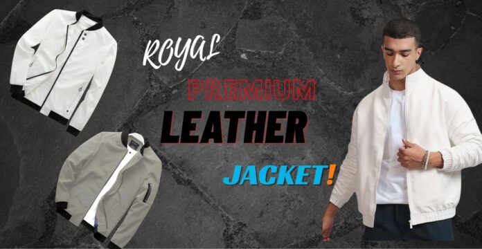 A promotional banner showing three leather jackets: two cropped jackets on the left (one white, one light gray) and a male model on the right wearing a white jacket, with bold text that reads “ROYAL PREMIUM LEATHER JACKET!” on a textured dark background.