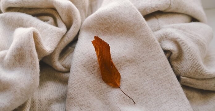 Recycled Grade A Cashmere Fabric Close-up of a beige knitted fabric with soft folds and texture, featuring a single brown dried leaf placed on top.