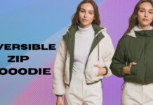 Reversible Zip Hoodie: Style, Comfort & Versatility Two women model a reversible zip hoodie, showing the white fleece interior with green trim on the left and the green exterior on the right. The left woman wears a white turtleneck and off-white pants; the right woman has hands in pockets. The background features a blue-to-purple gradient with a halftone pattern.