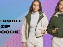 Reversible Zip Hoodie: Style, Comfort & Versatility Two women model a reversible zip hoodie, showing the white fleece interior with green trim on the left and the green exterior on the right. The left woman wears a white turtleneck and off-white pants; the right woman has hands in pockets. The background features a blue-to-purple gradient with a halftone pattern.
