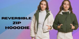 Reversible Zip Hoodie: Style, Comfort & Versatility Two women model a reversible zip hoodie, showing the white fleece interior with green trim on the left and the green exterior on the right. The left woman wears a white turtleneck and off-white pants; the right woman has hands in pockets. The background features a blue-to-purple gradient with a halftone pattern.