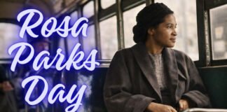 Rosa Parks Day – Celebrating the Life of a Civil Rights Icon A historical photo-style image of Rosa Parks sitting on a bus, looking out the window. She wears a dark coat and hat, conveying a calm, reflective moment.A historical photo-style image of Rosa Parks sitting on a bus, looking out the window. She wears a dark coat and hat, conveying a calm, reflective moment. Rosa Parks Day