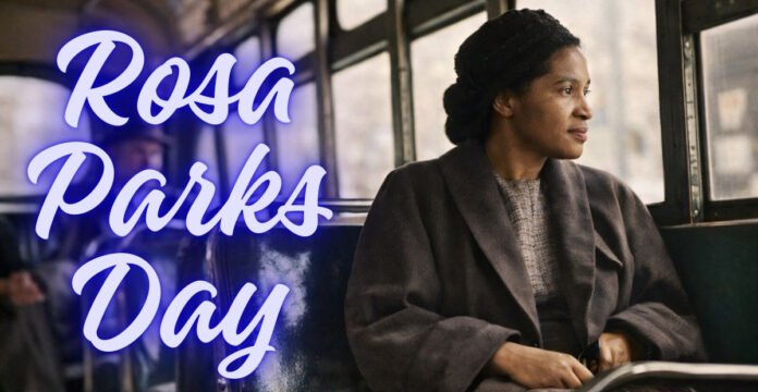 A historical photo-style image of Rosa Parks sitting on a bus, looking out the window. She wears a dark coat and hat, conveying a calm, reflective moment.A historical photo-style image of Rosa Parks sitting on a bus, looking out the window. She wears a dark coat and hat, conveying a calm, reflective moment. Rosa Parks Day