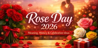 Rose Day: Meaning, History, Significance & Celebration Ideas A romantic Rose Day poster showing a wooden table with scattered rose petals, a bouquet of red, pink, white, and yellow roses, and a red gift box with a white ribbon. In the soft sunset background, a blurred couple embrace and floating hearts appear. The center displays “Rose Day 2026” with a subtitle “Meaning, History & Celebration Ideas.”