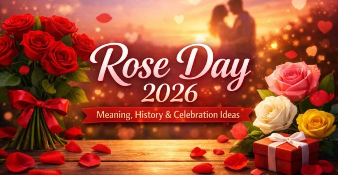 A romantic Rose Day poster showing a wooden table with scattered rose petals, a bouquet of red, pink, white, and yellow roses, and a red gift box with a white ribbon. In the soft sunset background, a blurred couple embrace and floating hearts appear. The center displays “Rose Day 2026” with a subtitle “Meaning, History & Celebration Ideas.”