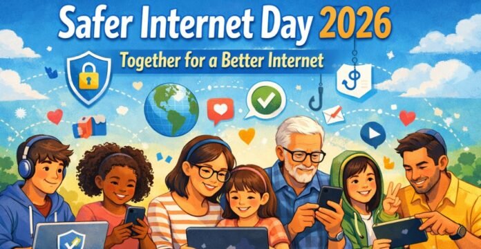 A vibrant Safer Internet Day 2026 banner featuring a diverse group of people of various ages using smartphones and laptops, with a colorful background filled with internet and safety icons and the slogan “Safer Internet Day 2026 - Together for a Better Internet.”