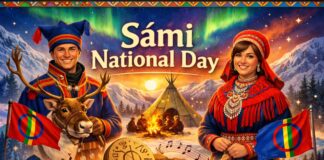 Sámi National Day – Celebrating Sámi Culture and Heritage Digital illustration celebrating Sámi National Day. A man and a woman in traditional Sámi clothing stand on either side of a reindeer, each holding a Sámi flag. In the background, snow-covered mountains, an aurora borealis, a tipi tent by a campfire, and people gathered around create a winter festival scene.