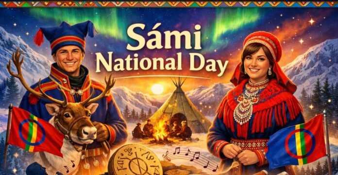 Digital illustration celebrating Sámi National Day. A man and a woman in traditional Sámi clothing stand on either side of a reindeer, each holding a Sámi flag. In the background, snow-covered mountains, an aurora borealis, a tipi tent by a campfire, and people gathered around create a winter festival scene.