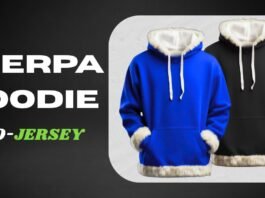 Two Sherpa hoodies—one blue with white fur-lined hood and cuffs, the other black with white fur lining—displayed against a light gray rounded panel, with bold text on the left that reads 'SHERPA HOODIE' and 'ECO-JERSEY' in green.