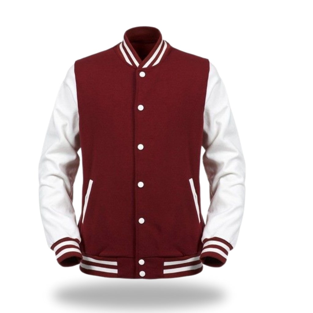 Maroon varsity jacket with white sleeves, white buttons, and striped cuffs and waistband.