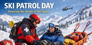 Ski Patrol Day 2026 – Honoring the Heroes of the Slopes Two ski patrol members in red and black uniforms attend to an injured skier strapped to a sled on a snowy mountain slope, with a helicopter in the sky above.