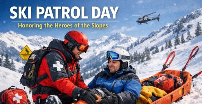 Two ski patrol members in red and black uniforms attend to an injured skier strapped to a sled on a snowy mountain slope, with a helicopter in the sky above.