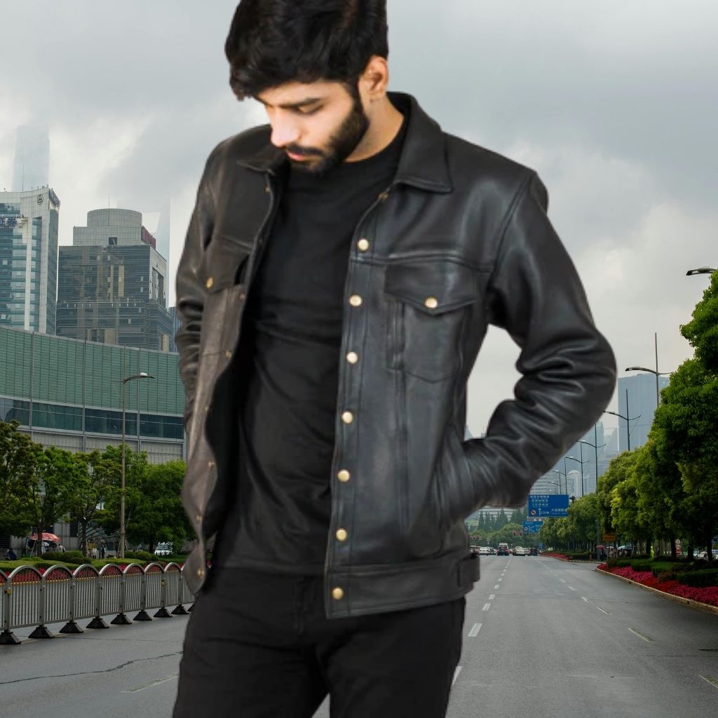 Snap Button Leather Jackets for Everyday Urban Fashion 2 A man with dark hair and a beard stands on a city street, wearing a black leather jacket with gold snap buttons over a black shirt and black pants. He looks downward with his hands in his pockets; a modern urban skyline and greenery line the road behind him under an overcast sky.