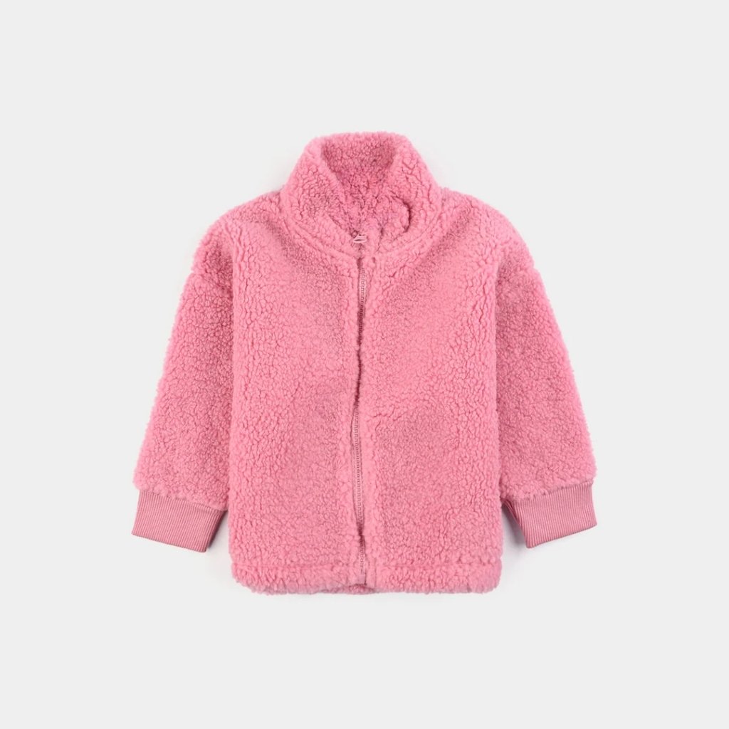 Fluffy pink fleece jacket with a high collar and zipper, displayed on a white background; ribbed cuffs at the ends of the sleeves.Kids Fleece Jacket