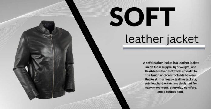 Soft leather jacket in classic black with a smooth, supple texture, zip front, and minimalistic design.