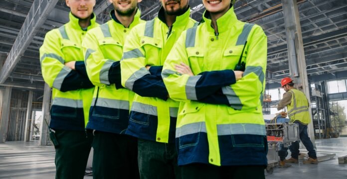 A group of four construction workers stands with arms crossed inside a partially completed industrial building, wearing bright yellow and navy StormFlex jackets with reflective stripes; a worker in a red hard hat is seen in the background.