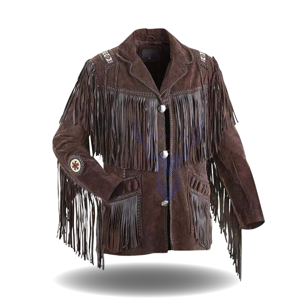 Stylish Western Leather Jacket Inspired by Classic Cowboy Wear 6 A brown suede fringe jacket with long fringe along the shoulders, chest, sleeves, and pockets. The jacket features silver buttons, decorative embroidery, and trim detail.