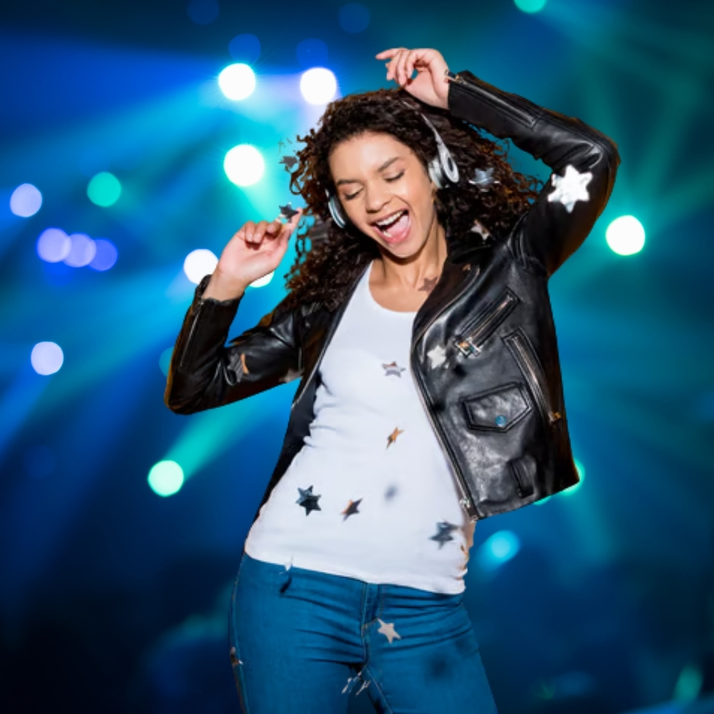 A joyful woman with curly hair wearing headphones, a black leather jacket, a white tee, and blue jeans dances with her eyes closed, surrounded by star-shaped confetti against a blurred blue and white bokeh background.