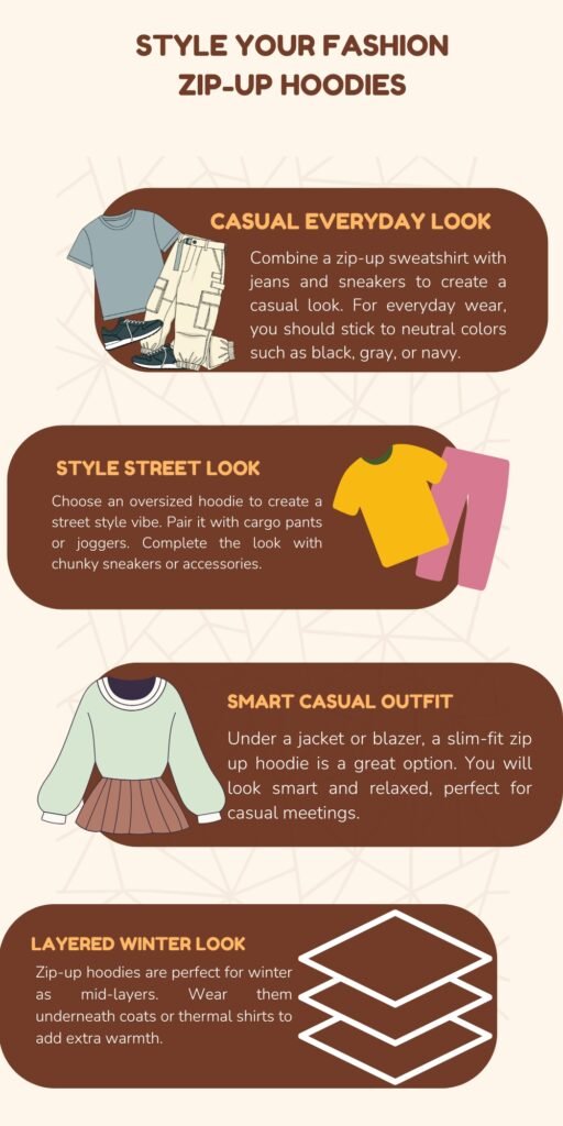 Fashion Zip-Up Hoodies: Trendy Comfort for Daily Wear Guide 5 A vertical infographic titled “Style Your Fashion Zip-Up Hoodies” with four rounded brown panels. Each panel features a clothing theme: 1) Casual Everyday Look with a sweatsuit, jeans, and sneakers; 2) Style Street Look showing a yellow shirt and pink pants; 3) Smart Casual Outfit with a mint green top and a brown skirt; 4) Layered Winter Look with stacked white rectangles representing layers. Each panel includes a short tip about styling zip-up hoodies.