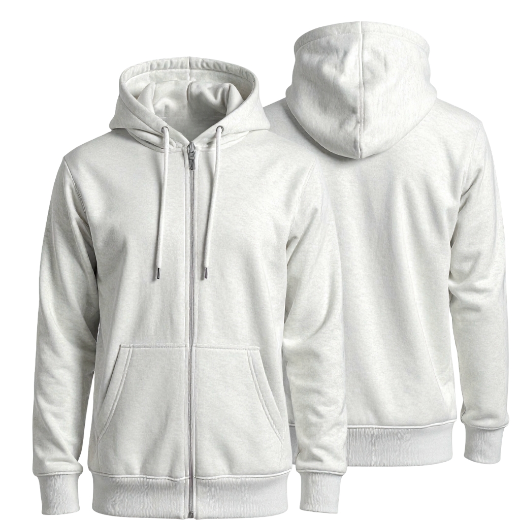 Graphic Full-Zip Hoodies: Stylish Comfort for Every Occasion 3 Two light gray hooded sweatshirts; the foreground hoodie faces forward with a full zipper and front pockets, while the background hoodie faces backward showing the back of the hood and sweatshirt. Both have drawstrings and ribbed cuffs and hem.
graphic full-zip hoodie