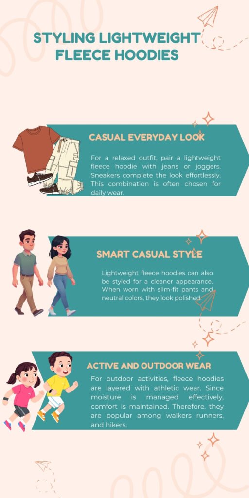 Lightweight Fleece Hoodies: Comfort, Style & All Day Wear 5 Illustration showing three styling ideas for lightweight fleece hoodies: Casual Everyday Look, Smart Casual Style, and Active and Outdoor Wear, with corresponding outfits.