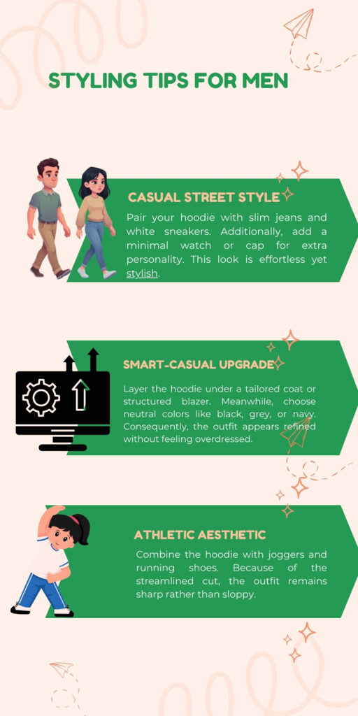Slim-Fit Zip Hoodie: A Must-Have Wardrobe Staple 4 A three-section green infographic under the header “Styling Tips for Men.” Section 1: “Casual Street Style” depicts a cartoon couple and text: pair your hoodie with slim jeans and white sneakers; add a minimal watch or cap for personality; look is effortless yet stylish. Section 2: “Smart-Casual Upgrade” shows a computer monitor icon and text: layer the hoodie under a tailored coat or blazer; choose neutral colors like black, grey, or navy; outfit appears refined without being overdressed. Section 3: “Athletic Aesthetic” features a cartoon girl stretching and text: combine the hoodie with joggers and running shoes; streamlined cut keeps the outfit sharp rather than sloppy.