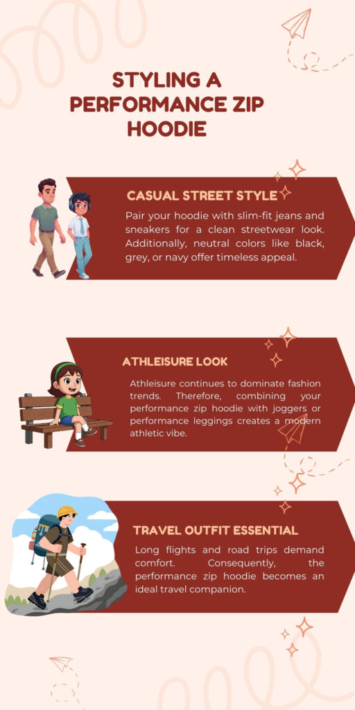A styled infographic titled “Styling a Performance Zip Hoodie.” It features three sections with red-brown banners and cartoon illustrations:
Casual Street Style: A cartoon pair wearing a performance zip hoodie with slim-fit jeans and sneakers; text suggests black, grey, or navy neutrals for a timeless look.
Athleisure Look: A cartoon person in a hoodie paired with joggers or performance leggings to convey a modern athletic vibe.
Travel Outfit Essential: A cartoon traveler with a backpack and hoodie, highlighting comfort for long flights and road trips.