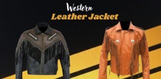 Stylish Western Leather Jacket Inspired by Classic Cowboy Wear Two Western-style leather jackets on a split background: left jacket is black with brown yoke, fringe across chest and arms, and decorative white stitching; right jacket is tan with fringe details and silver conchos. Bold black and yellow background with diagonal stripes.
