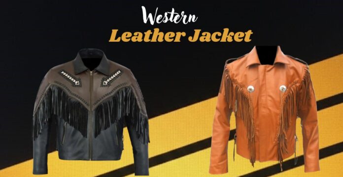 Two Western-style leather jackets on a split background: left jacket is black with brown yoke, fringe across chest and arms, and decorative white stitching; right jacket is tan with fringe details and silver conchos. Bold black and yellow background with diagonal stripes.