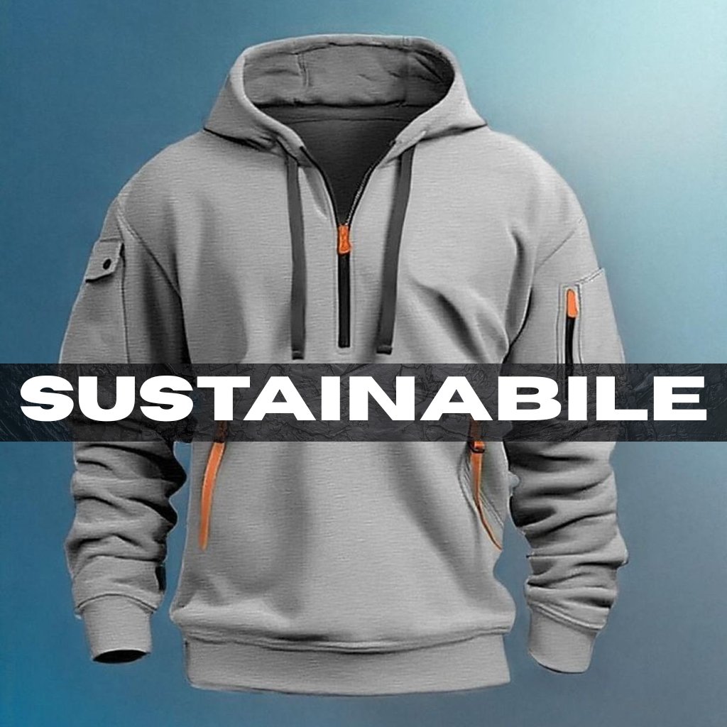 A gray athletic hoodie with a zip neck and orange zipper accents. A bold black translucent banner across the chest reads “SUSTAINABLE,” emphasizing the garment’s eco-friendly theme.

