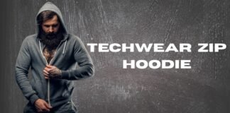 Techwear Zip Hoodie: Urban Style, Smart Comfort A bearded man in a gray zip-up hoodie stands against a textured gray background, partially zipping up the hoodie. Text on the right reads “TECHWEAR ZIP HOODIE.”