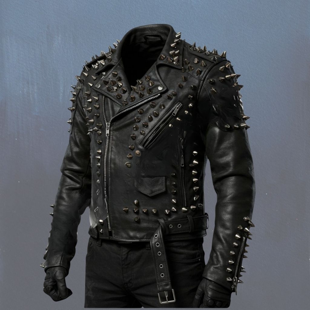 A black leather Gothic jacket covered in metal spikes on the shoulders, chest, sleeves, and collar, with zippers and a waist belt, worn with matching black pants and gloves against a blue-gray background.