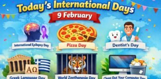 Today’s International Days – 9 February | Global Awareness & Celebrations Colorful poster for Today’s International Days on February 9, featuring a blue map-like background with confetti. Illustrations include a brain with a lightning bolt and purple ribbon for International Epilepsy Day, a pizza for Pizza Day, a dentist with a toothbrush for Dentist’s Day, a Greek temple with Alpha and Omega for Greek Language Day, a tiger behind bars for World Zoothanasia Day, and a computer with a trash can for Clean Out Your Computer Day. Today’s International Days