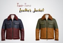 Two-Tone Leather Jacket for Bold Modern Everyday Street Style Two-tone leather jackets displayed against a white background; the left jacket features a navy blue upper body with a burgundy-red lower body and fur collar; the right jacket features an olive green upper body with a tan lower body and fur collar. Both jackets have zip fronts, flap pockets, and fur-lined cuffs.