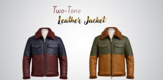Two-Tone Leather Jacket for Bold Modern Everyday Street Style Two-tone leather jackets displayed against a white background; the left jacket features a navy blue upper body with a burgundy-red lower body and fur collar; the right jacket features an olive green upper body with a tan lower body and fur collar. Both jackets have zip fronts, flap pockets, and fur-lined cuffs.