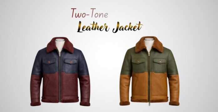 Two-tone leather jackets displayed against a white background; the left jacket features a navy blue upper body with a burgundy-red lower body and fur collar; the right jacket features an olive green upper body with a tan lower body and fur collar. Both jackets have zip fronts, flap pockets, and fur-lined cuffs.