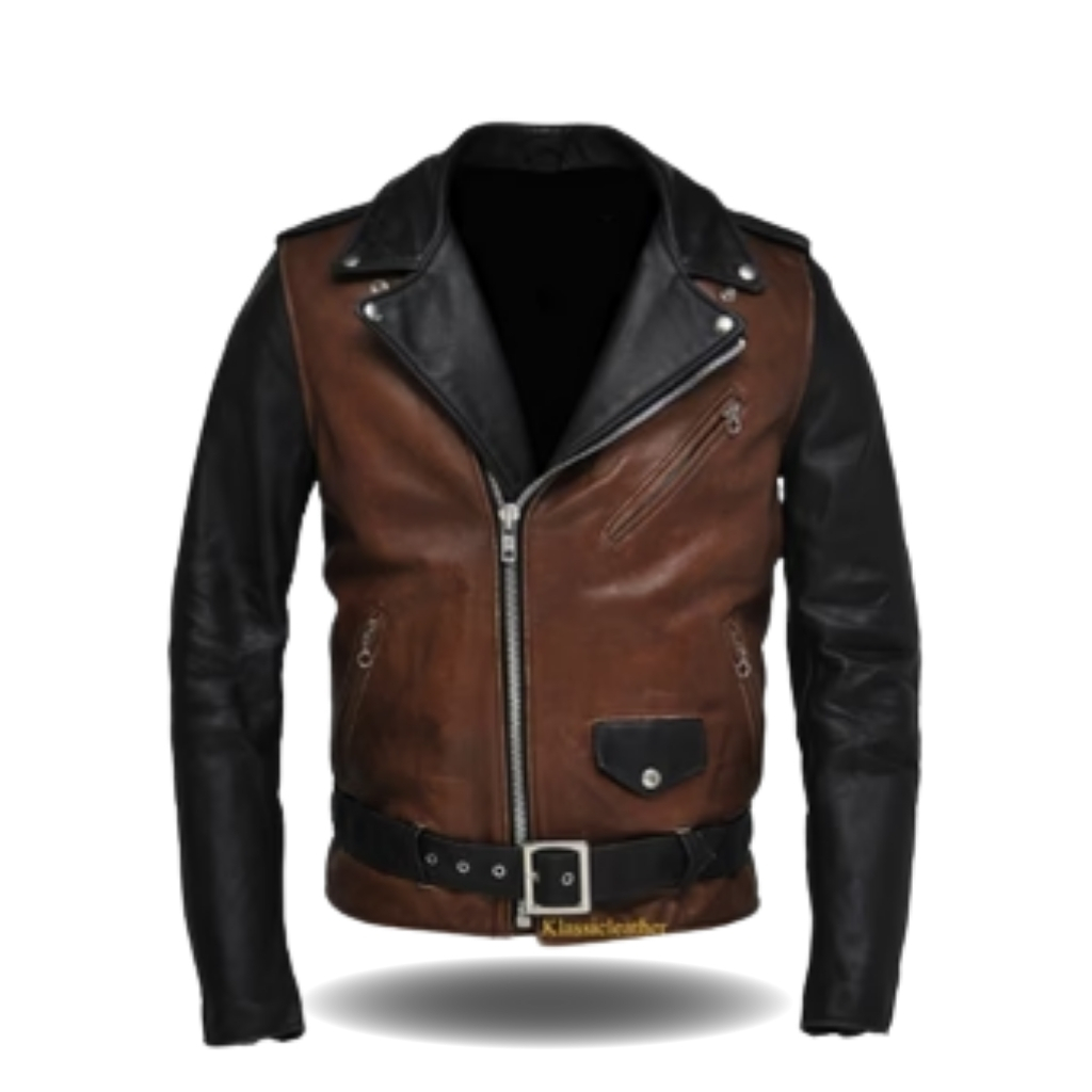 Two-Tone Leather Jacket for Bold Modern Everyday Street Style 6 A brown and black two-tone leather motorcycle jacket displayed on a white background. The sleeves are black, while the body is brown. It features a diagonal front zipper, a snap-down collar, a small zippered chest pocket on the right, additional pockets, and a black belt at the waist.