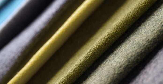 Recycled Grade C Cashmere Close-up view of folded fabric samples arranged diagonally, showing a gradient of colors from blue and gray on the left to yellow and green on the right, with visible soft, napped textures.