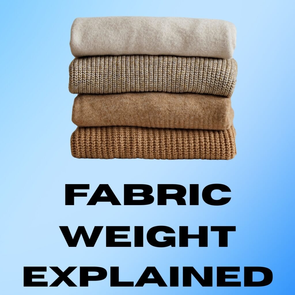 The Essential Pullover Plain Hoodie: Style GuideĀ 5 A stack of four folded sweaters in beige and brown tones, with a bold title reading "FABRIC WEIGHT EXPLAINED" on a blue gradient background.