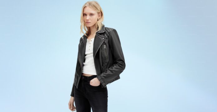 Black cargo leather jacket with multiple pockets and a front zipper.