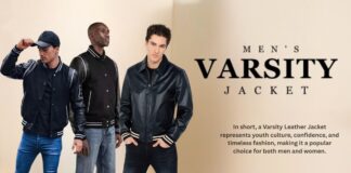 Varsity Leather Jacket with Classic College Style Appeal A promotional image showing three male models wearing varsity jackets: left in a navy jacket with white accents and a cap, center in a plain black jacket with light jeans, and right in a navy leather jacket with striped cuffs; bold text reads “MEN'S VARSITY JACKET” in the background.