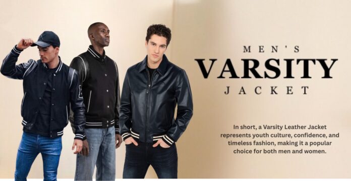 A promotional image showing three male models wearing varsity jackets: left in a navy jacket with white accents and a cap, center in a plain black jacket with light jeans, and right in a navy leather jacket with striped cuffs; bold text reads “MEN'S VARSITY JACKET” in the background.