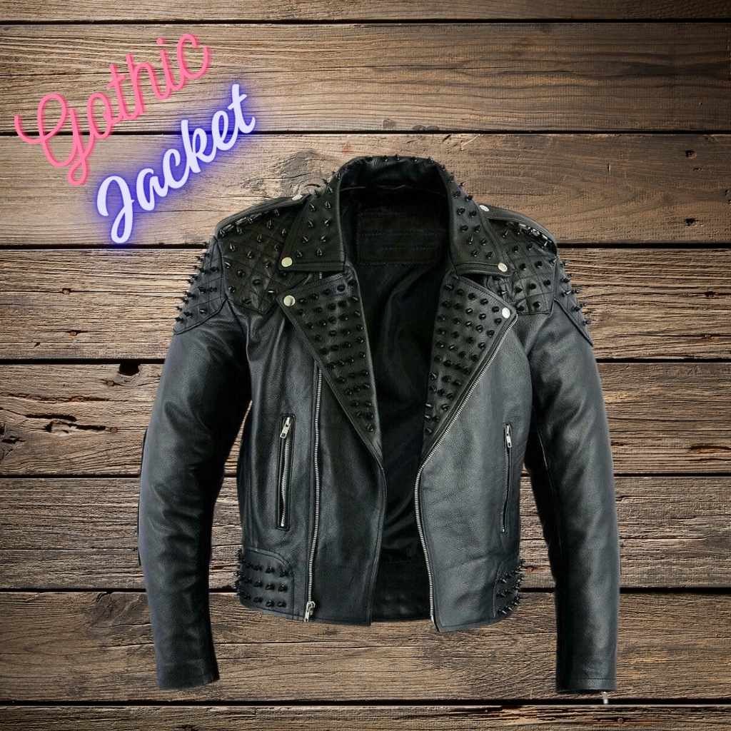 A black Gothic leather jacket displayed on a rustic wooden background, with neon-style pink “Gothic” and blue “Jacket” text in the upper-left corner.