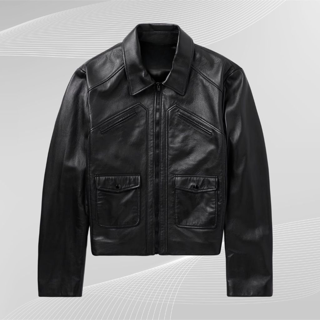 A black leather panelled jacket displayed front-on against a light gray background with white curved lines. It features a zip front, a classic collar, two zippered chest panels, and two front pockets with flaps.