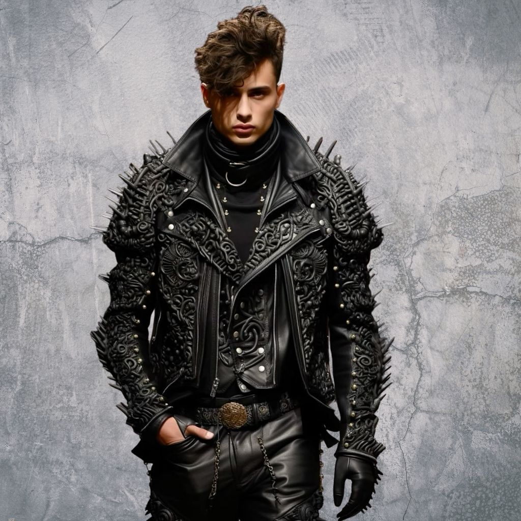 A stylish man stands against a textured gray wall, wearing an elaborate black leather jacket adorned with intricate swirling patterns and sharp spikes, paired with matching leather pants, gloves, and a decorative belt with chains