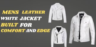 White Leather Jacket with Clean Minimalist Design Promotional image showing three white leather jackets on a dark gray background, with bold yellow and white text reading 'MENS LEATHER WHITE JACKET BUILT FOR COMFORT AND EDGE' on the left.
