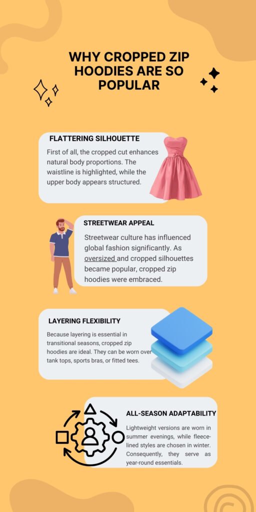 Infographic explaining why cropped zip hoodies are popular, with four sections: flattering silhouette, streetwear appeal, layering flexibility, and all-season adaptability, each illustrated with a small graphic.
