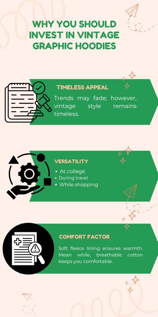 A pale peach infographic promoting vintage graphic hoodies. It features three green, angled banners with white text and simple black icons. The top banner reads “TIMELESS APPEAL” with a document and checkmark/gavel icon and explains that vintage style remains timeless. The middle banner reads “VERSATILITY” with a gear icon and bullet points about college, travel, and shopping. The bottom banner reads “COMFORT FACTOR” with a document and magnifying-glass-plus icon, noting soft fleece lining and breathable cotton. Light decorative stars and paper-plane doodles appear around the banners.