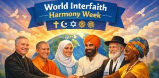 World Interfaith Harmony Week: Promoting Peace & Understand A digitally illustrated promotional image for World Interfaith Harmony Week showing six people from different faiths standing in a row with their hands joined. From left to right: a Catholic bishop, a Buddhist monk, a Muslim woman in hijab, a Sikh man with a turban, a Jewish man with a kippah, and a Black woman wearing a colorful headwrap. A blue banner above reads “World Interfaith Harmony Week” with religious symbols, and a globe, sky, clouds, and doves appear in the background.