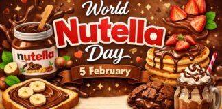 World Nutella Day: Meaning & How to Celebrate on 5 February Promotional image for World Nutella Day showing a jar of Nutella, a slice of toast with Nutella and banana slices, a stack of pancakes with Nutella and strawberries, a chocolate chip cookie with melted chocolate, and a Nutella milkshake. The background is a rich chocolate brown with small stars and hearts.